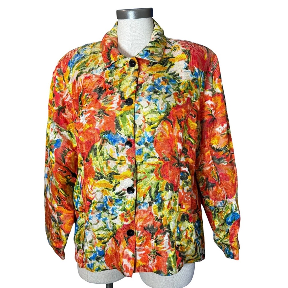 Chico's Floral Silk Blend Metallic Jacket Multicolor Button Front Size 3 XL